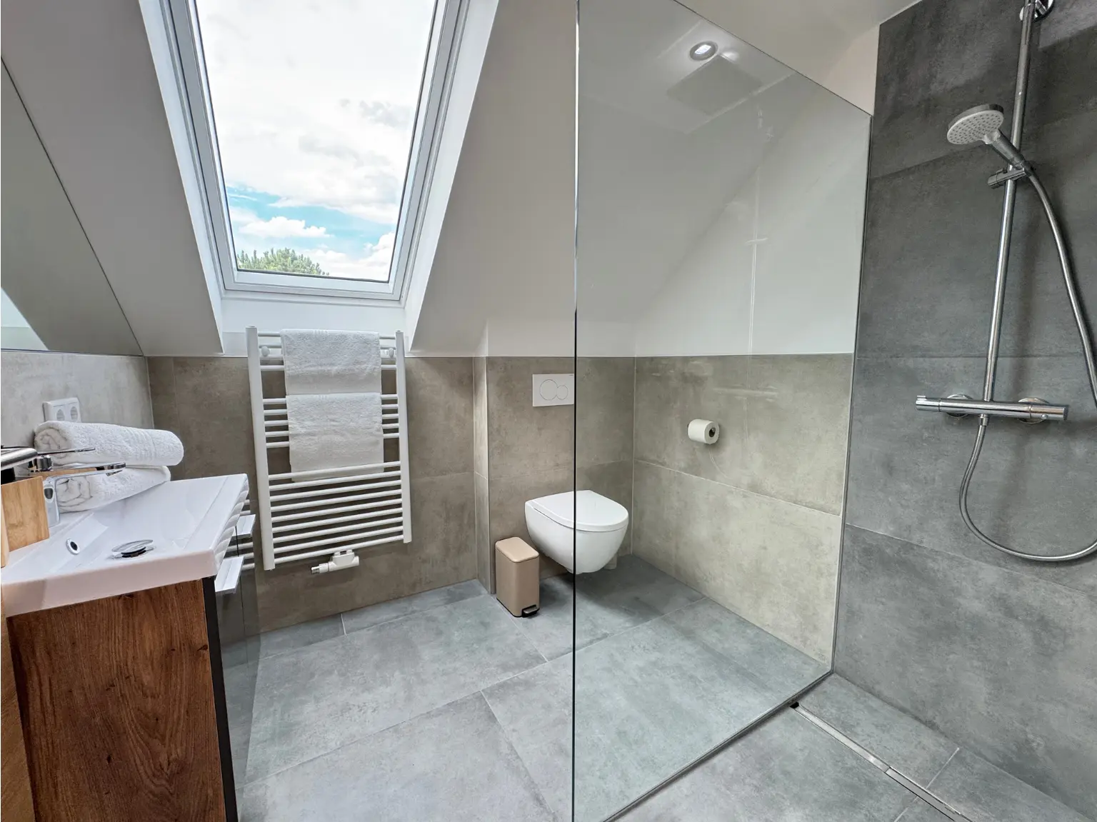 Modernes Badezimmer mit ebenerdiger Dusche, WC und Dachfenster